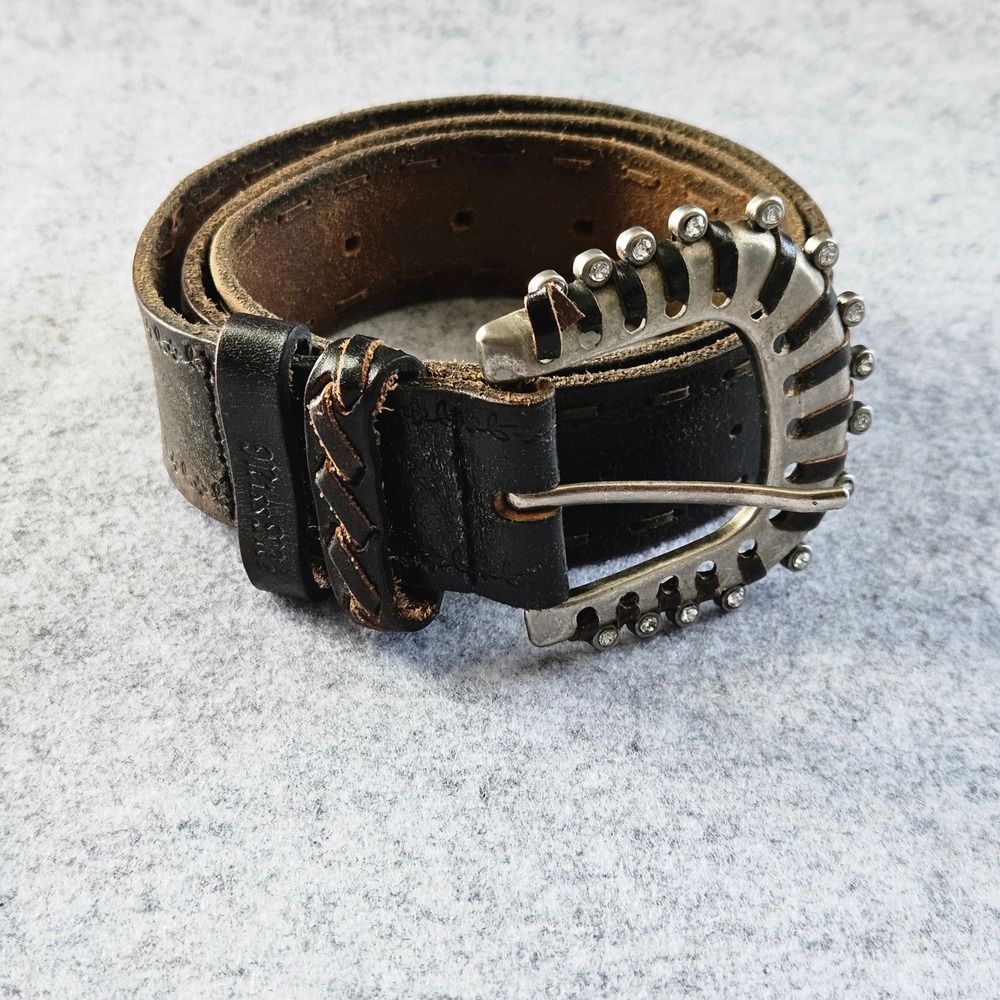 Miss Me Womens Distressed Leather Western Belt Rhinestone Buckle Brown 34.5in